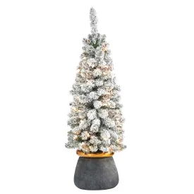 40” Flocked Pencil Artificial Christmas Tree with 50 Clear Lights and 132 Bendable Branches in Planter with Brass Trimming