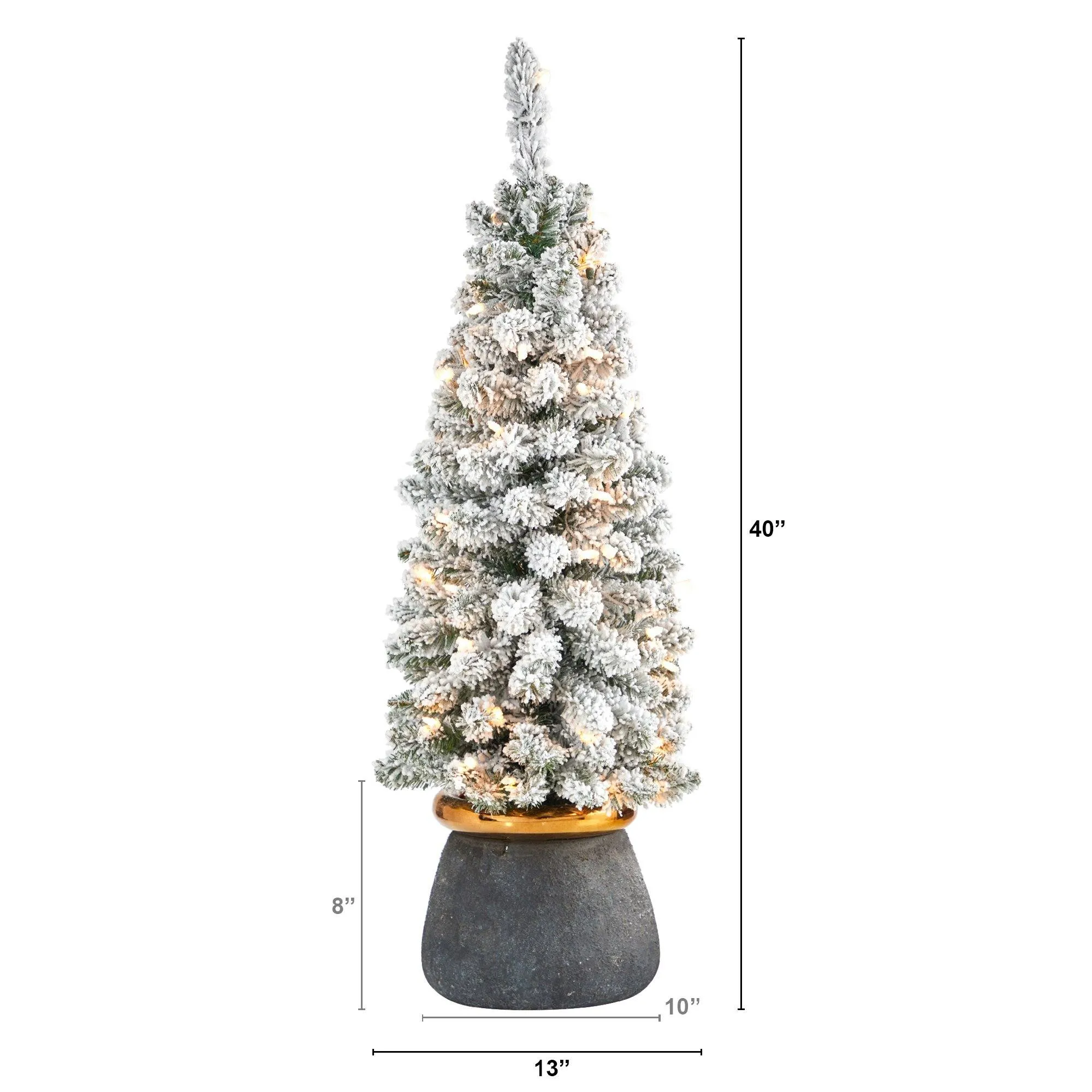 40” Flocked Pencil Artificial Christmas Tree with 50 Clear Lights and 132 Bendable Branches in Planter with Brass Trimming