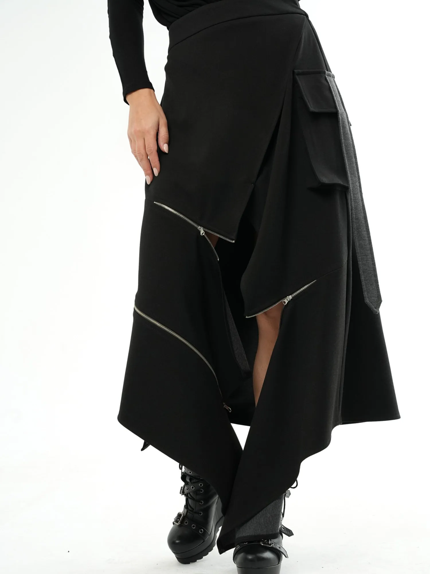 Asymmetric Black Long Skirt with Zippers