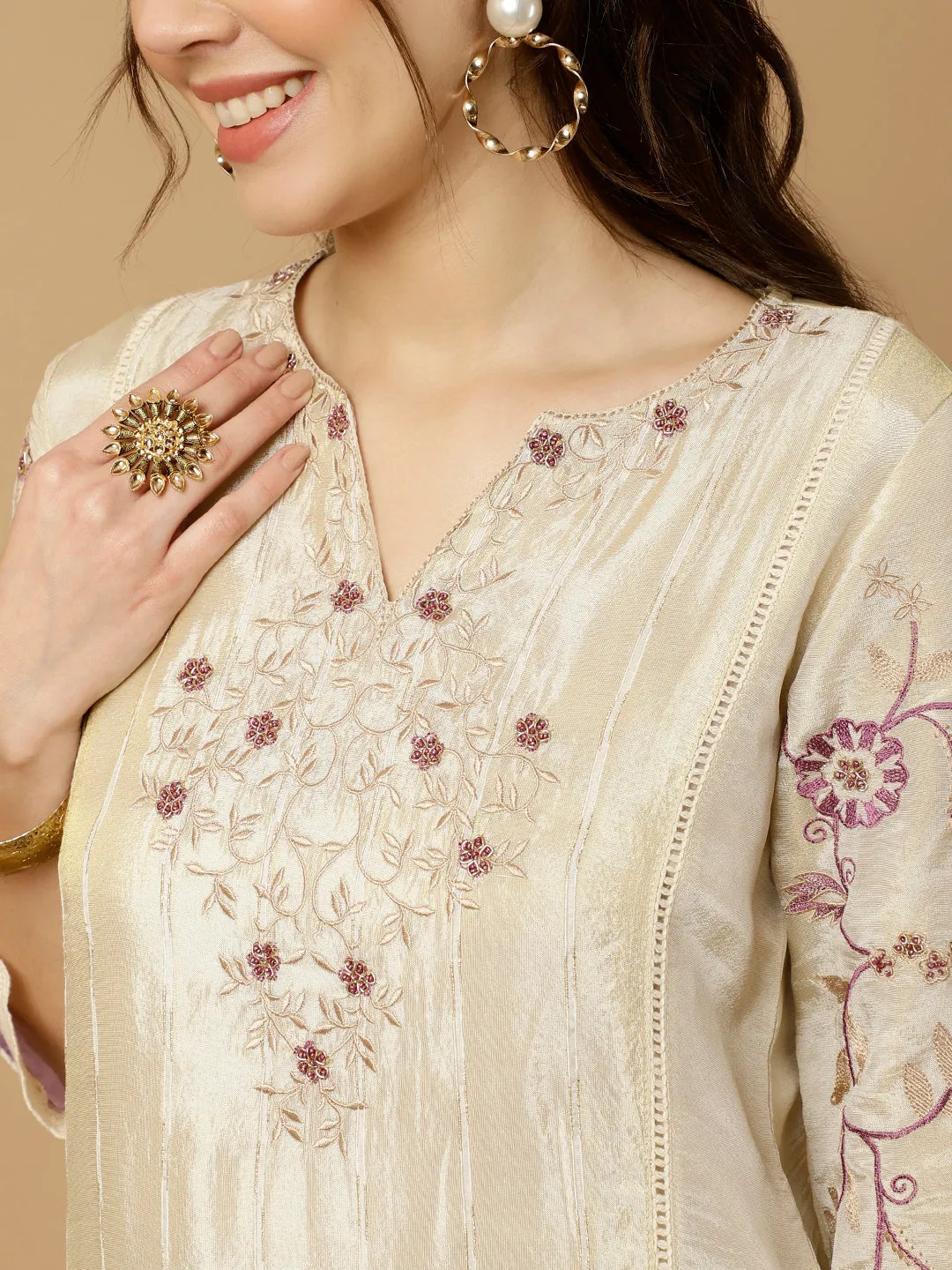 Beige & Lavender Zarodosi Jacquard Silk Kurta With Pants And Dupatta