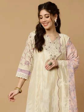 Beige & Lavender Zarodosi Jacquard Silk Kurta With Pants And Dupatta