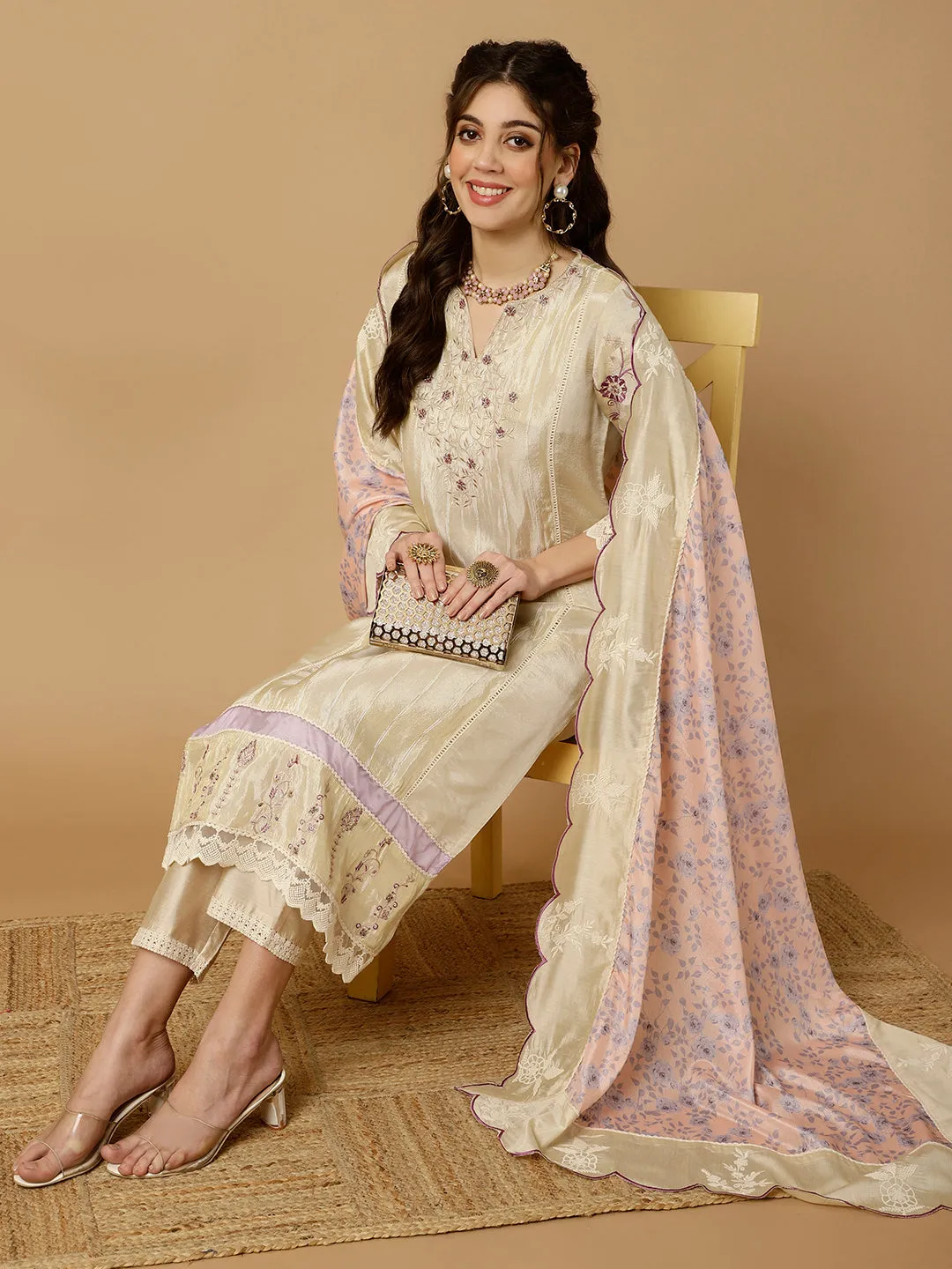 Beige & Lavender Zarodosi Jacquard Silk Kurta With Pants And Dupatta