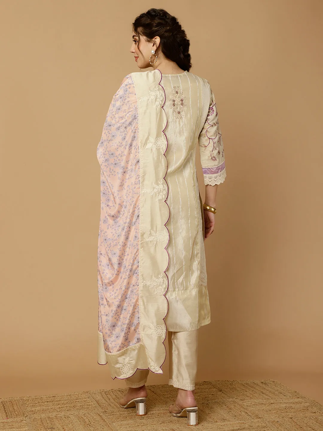 Beige & Lavender Zarodosi Jacquard Silk Kurta With Pants And Dupatta