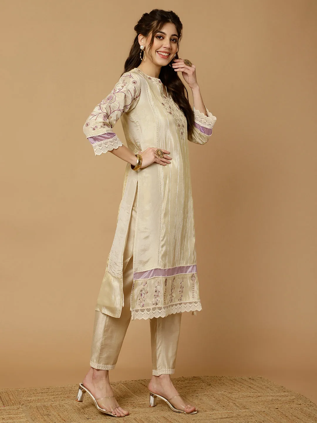 Beige & Lavender Zarodosi Jacquard Silk Kurta With Pants And Dupatta