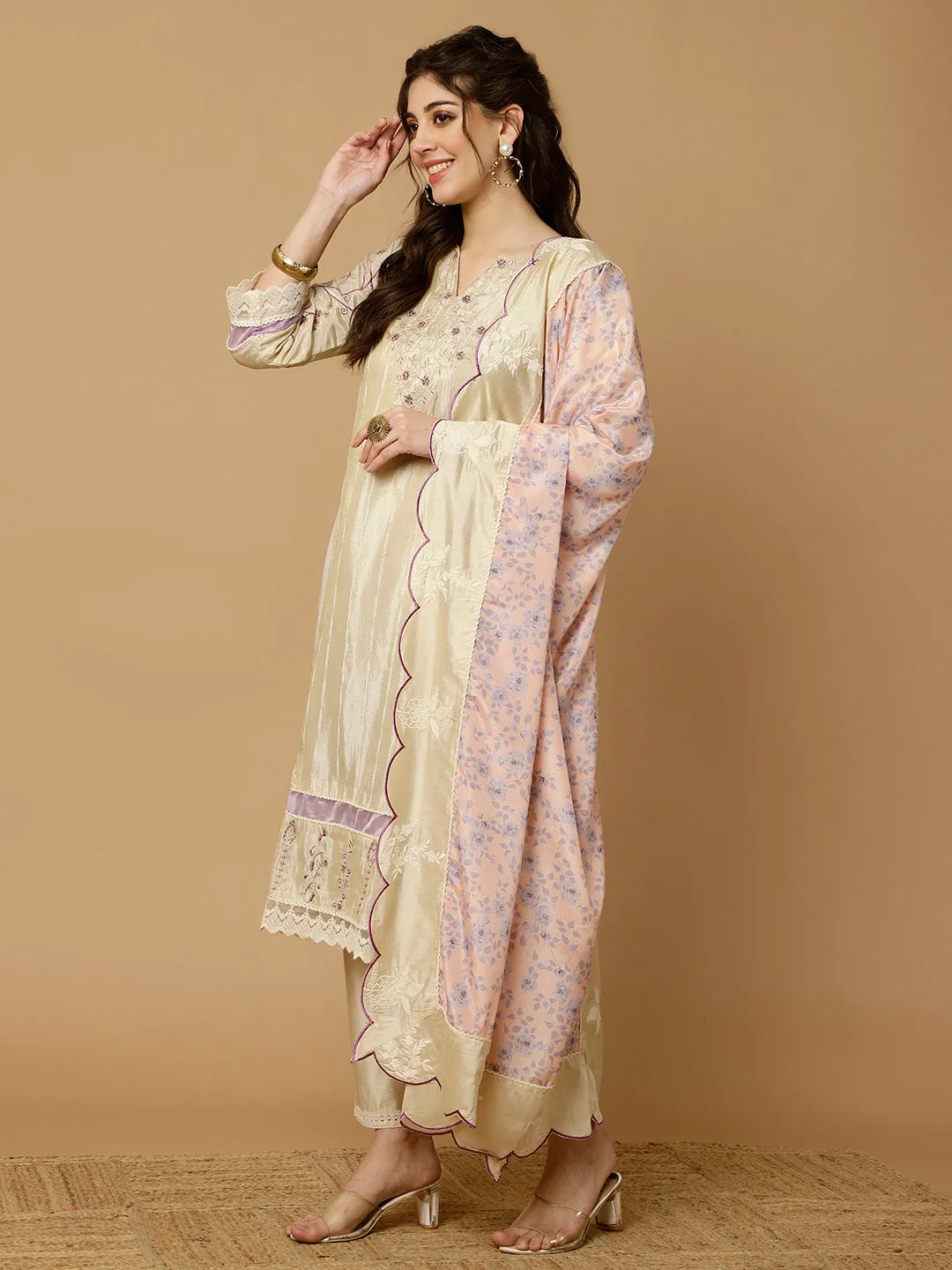 Beige & Lavender Zarodosi Jacquard Silk Kurta With Pants And Dupatta