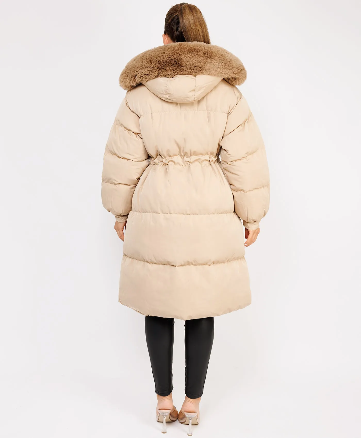 Beige Fluffy Faux Fur Hood Drawstring Waist Midi Puffer Jacket