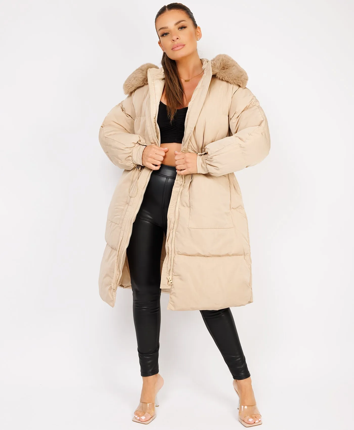 Beige Fluffy Faux Fur Hood Drawstring Waist Midi Puffer Jacket