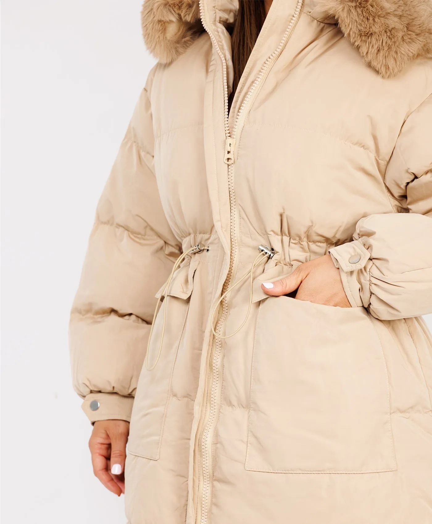 Beige Fluffy Faux Fur Hood Drawstring Waist Midi Puffer Jacket