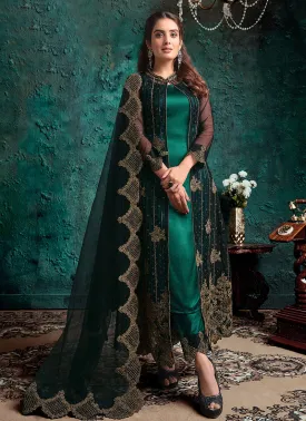 Black And Green Ethnic Pakistani Jacket Style Pant Suit