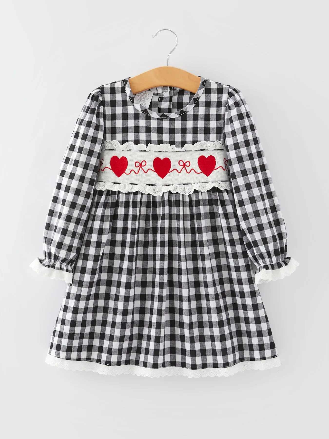 Black and white Plaid Smocking Embroidery Long Sleeve Girls Dress