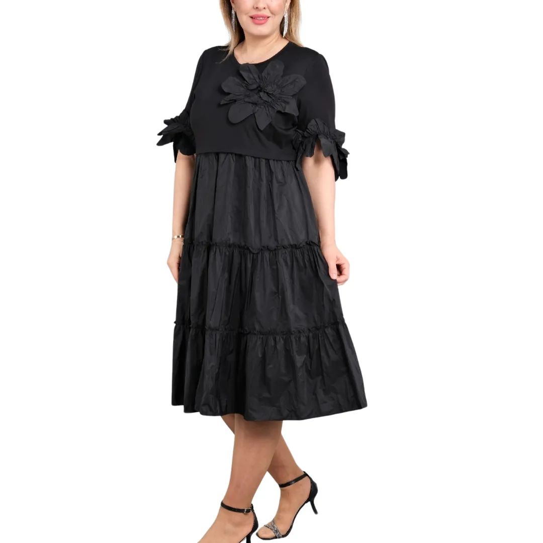 Black Dress with Ruffled Bottom & Flowered Detailing