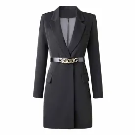 Black Long Sleeve Blazer Dress With Belt Gold Buttons