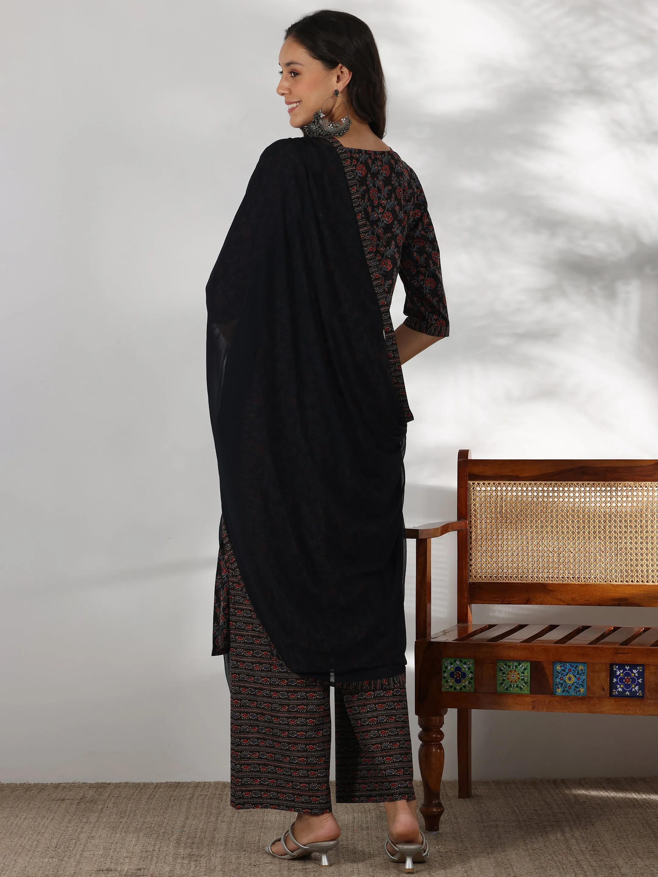 Black Printed Cotton Straight Suit With Dupatta