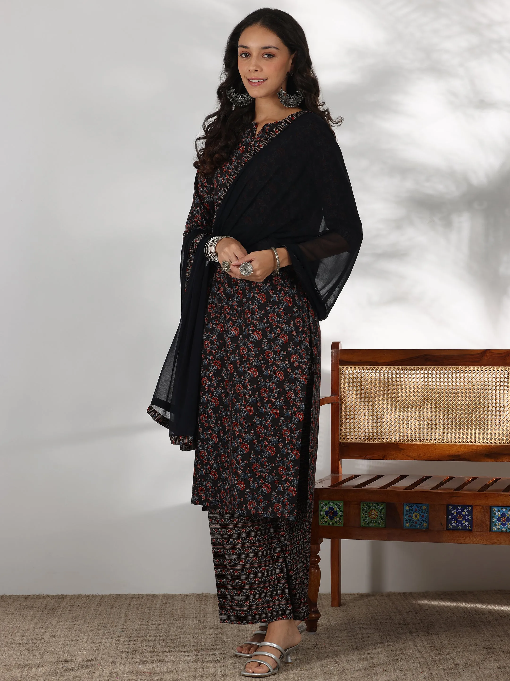 Black Printed Cotton Straight Suit With Dupatta