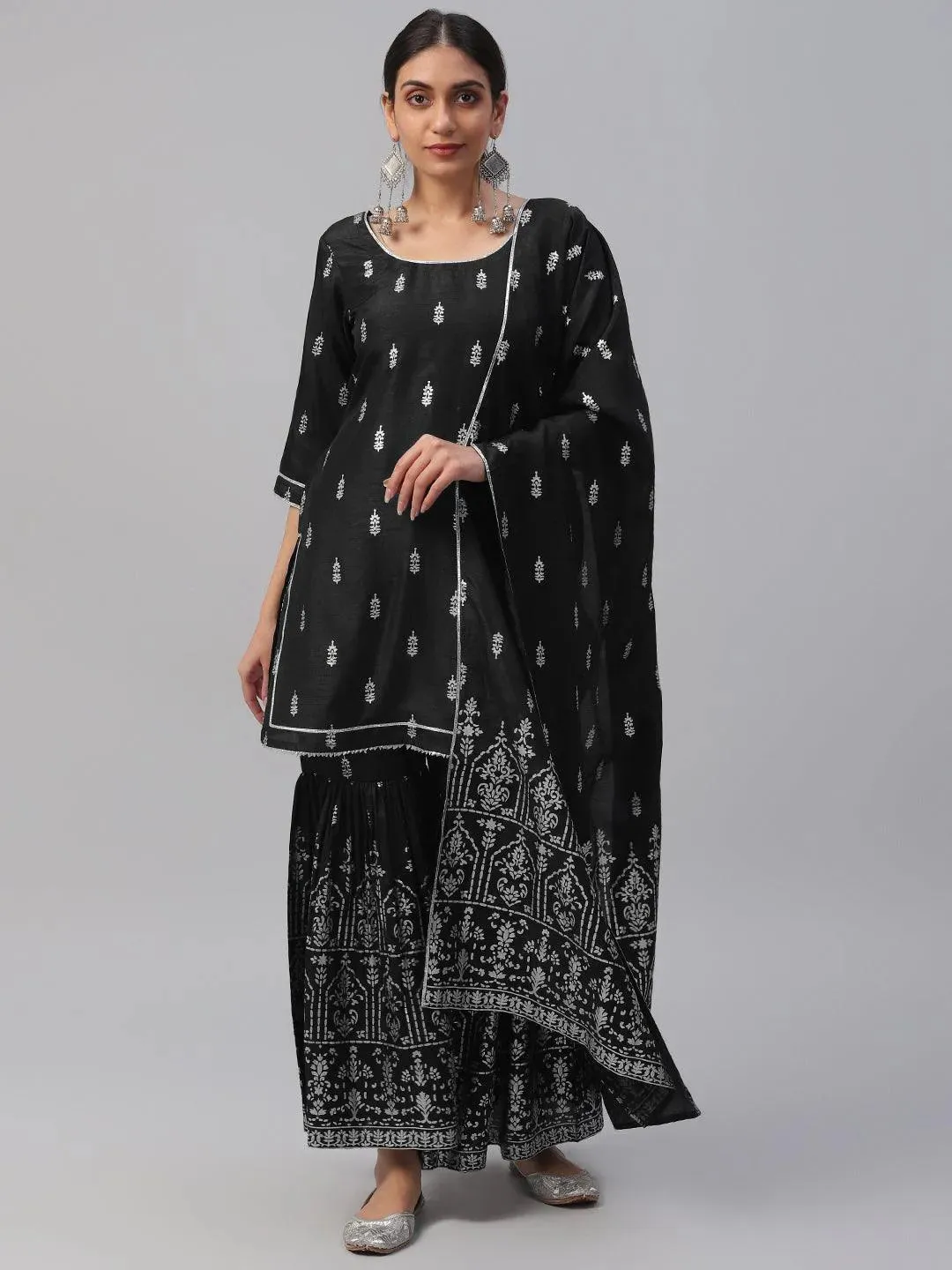 Black Printed Polyester Straight Kurta With Sharara & Dupatta