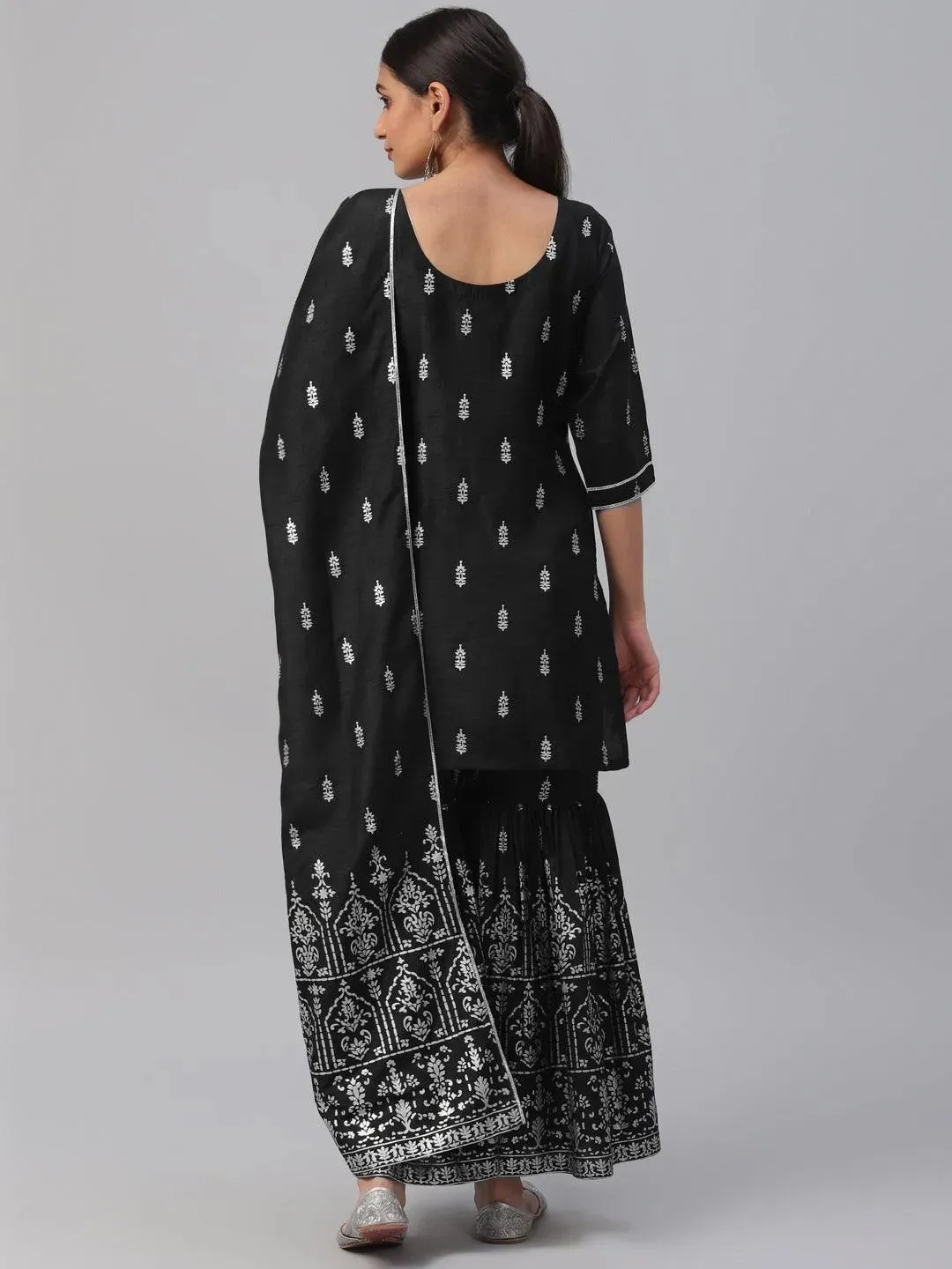 Black Printed Polyester Straight Kurta With Sharara & Dupatta