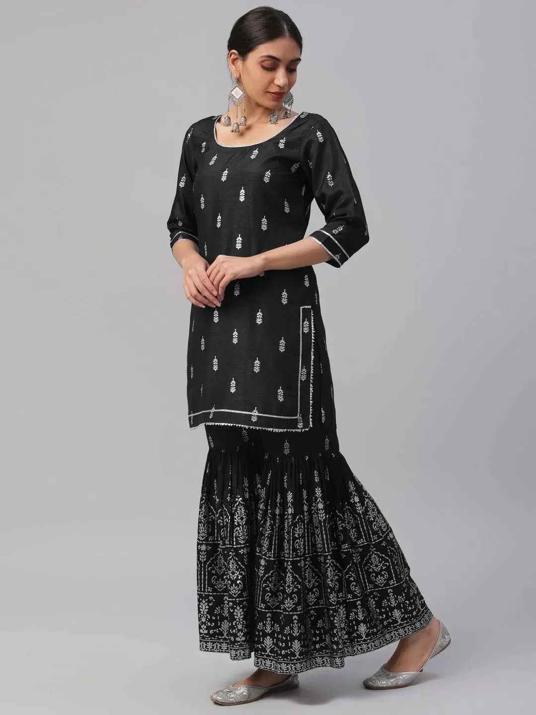 Black Printed Polyester Straight Kurta With Sharara & Dupatta