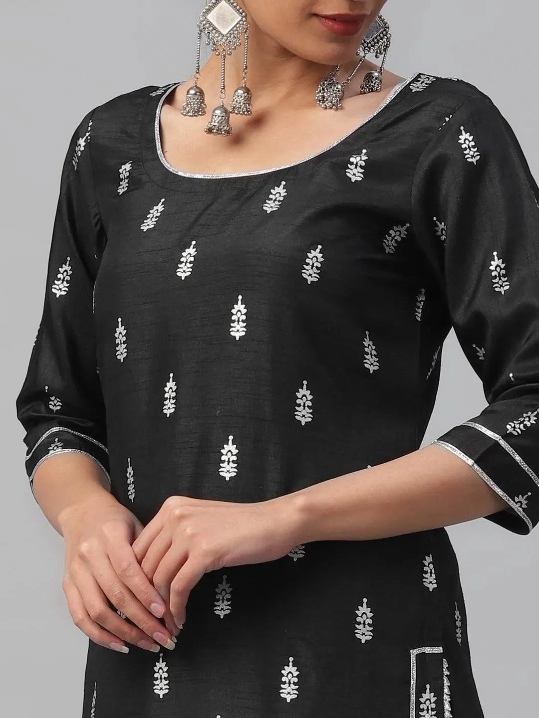 Black Printed Polyester Straight Kurta With Sharara & Dupatta