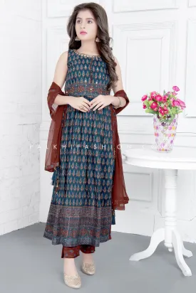 Blue/Maroon Naira Cut Pant style Outfit With Ajarakh Prints