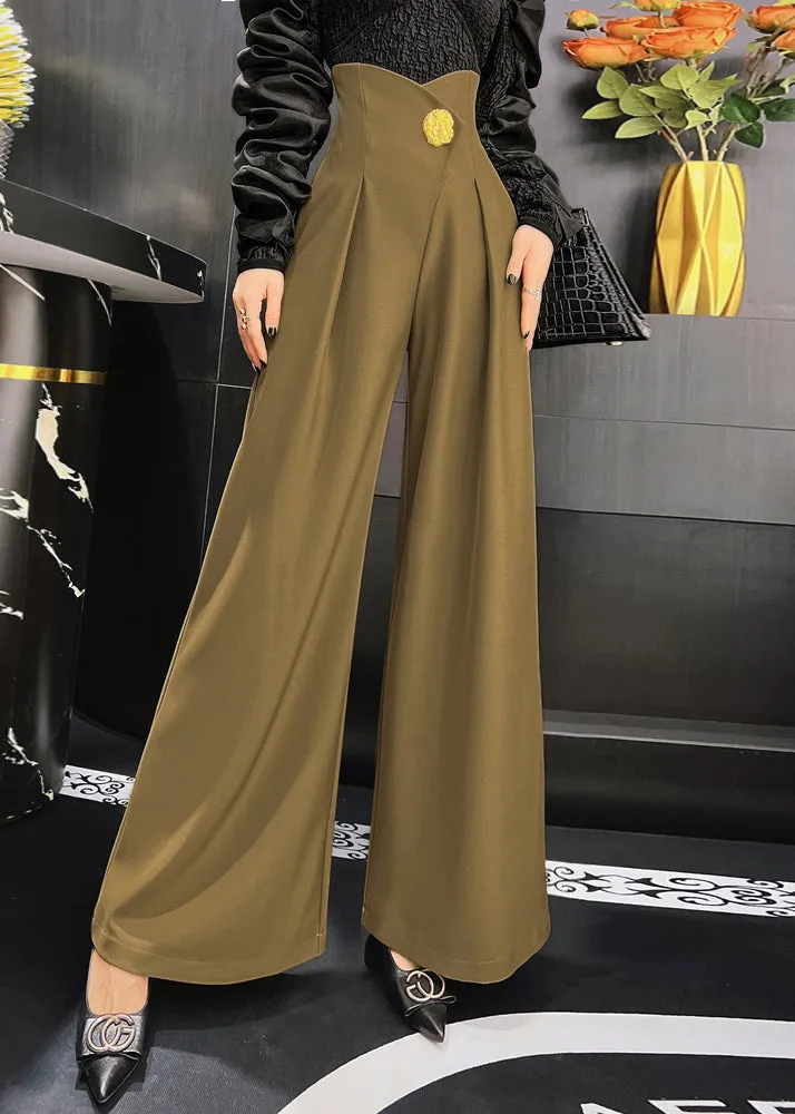 Bohemian Khaki Pockets High Waist Patchwork Spandex Wide Leg Pants Fall LY9049