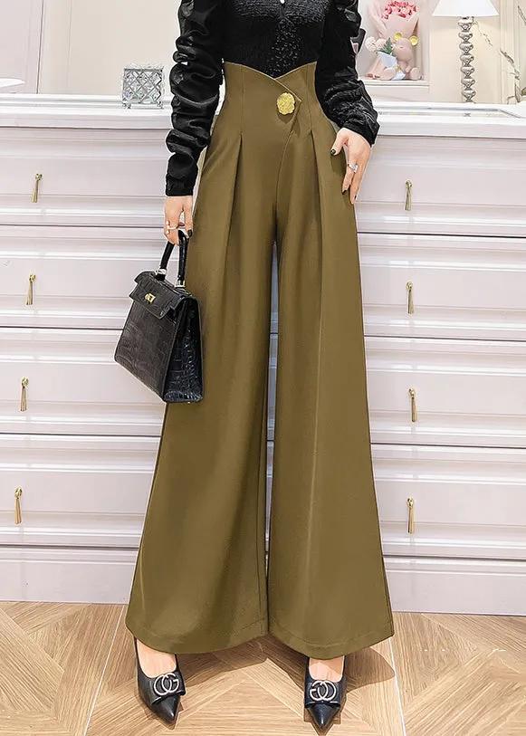 Bohemian Khaki Pockets High Waist Patchwork Spandex Wide Leg Pants Fall LY9049