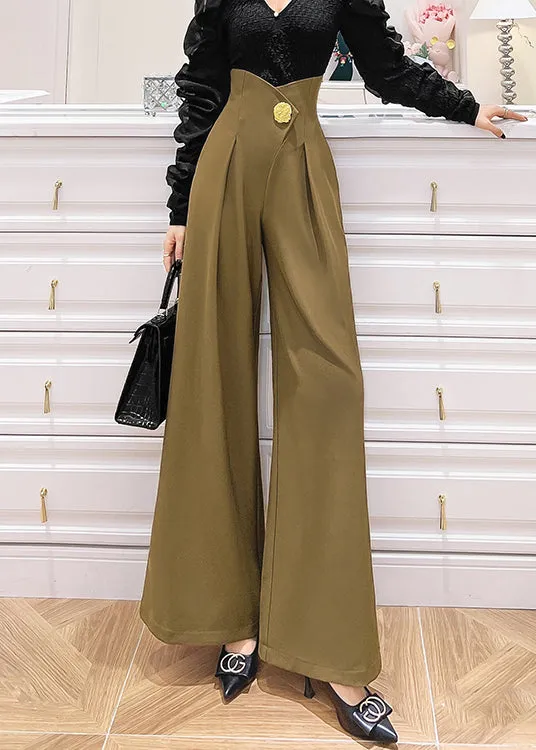 Bohemian Khaki Pockets High Waist Patchwork Spandex Wide Leg Pants Fall LY9049