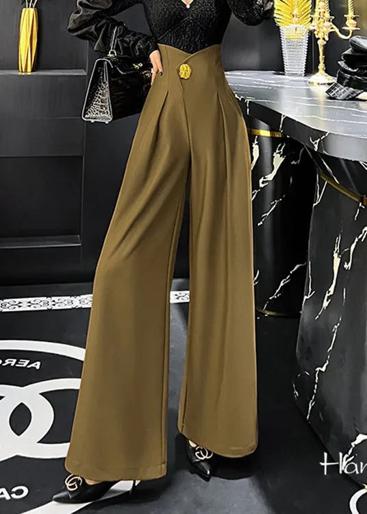 Bohemian Khaki Pockets High Waist Patchwork Spandex Wide Leg Pants Fall LY9049