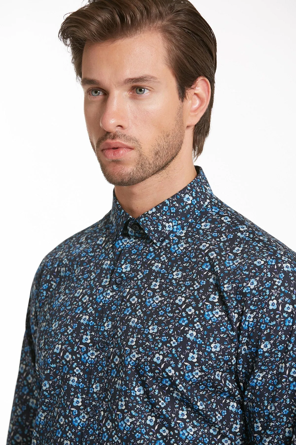 Comfort Fit Printed Cotton Navy Casual Shirt