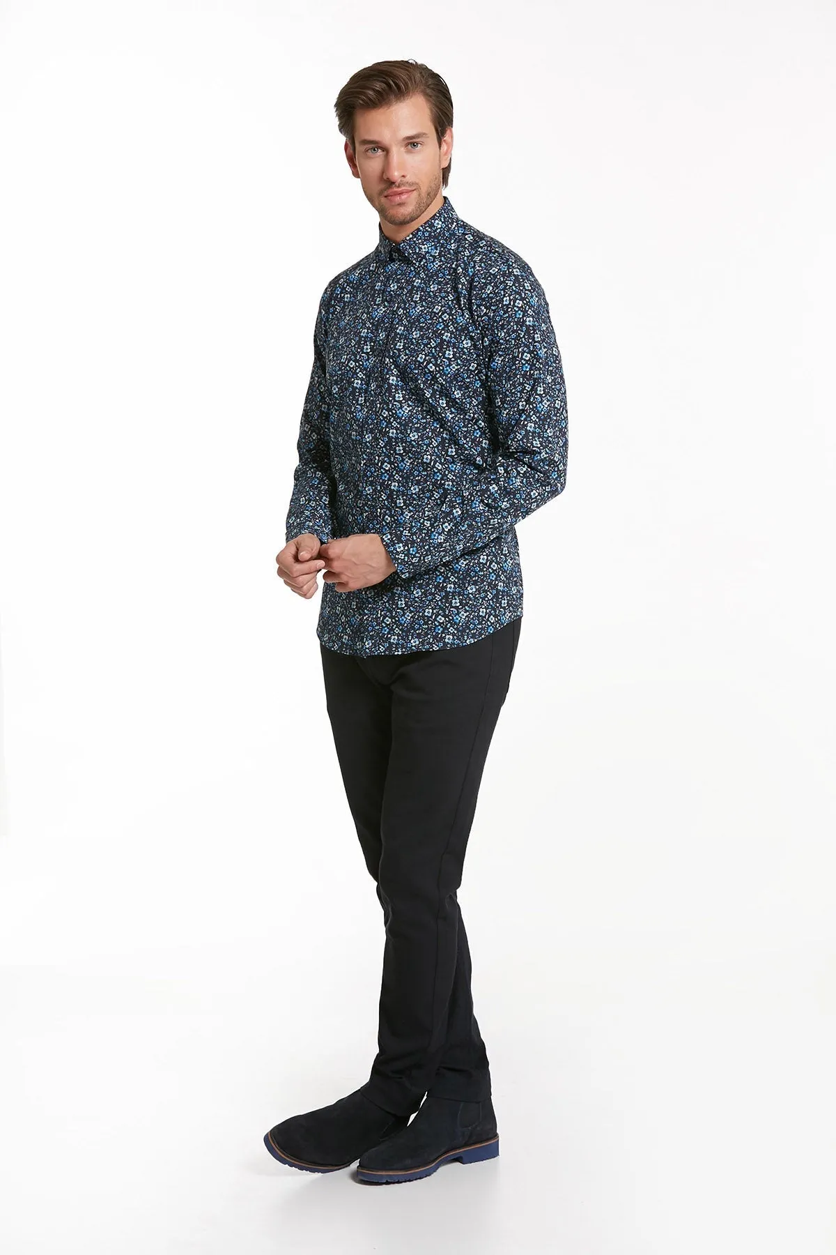 Comfort Fit Printed Cotton Navy Casual Shirt