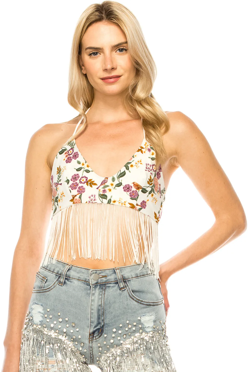 COUNTRY GARDEN FRINGE HALTER TOP