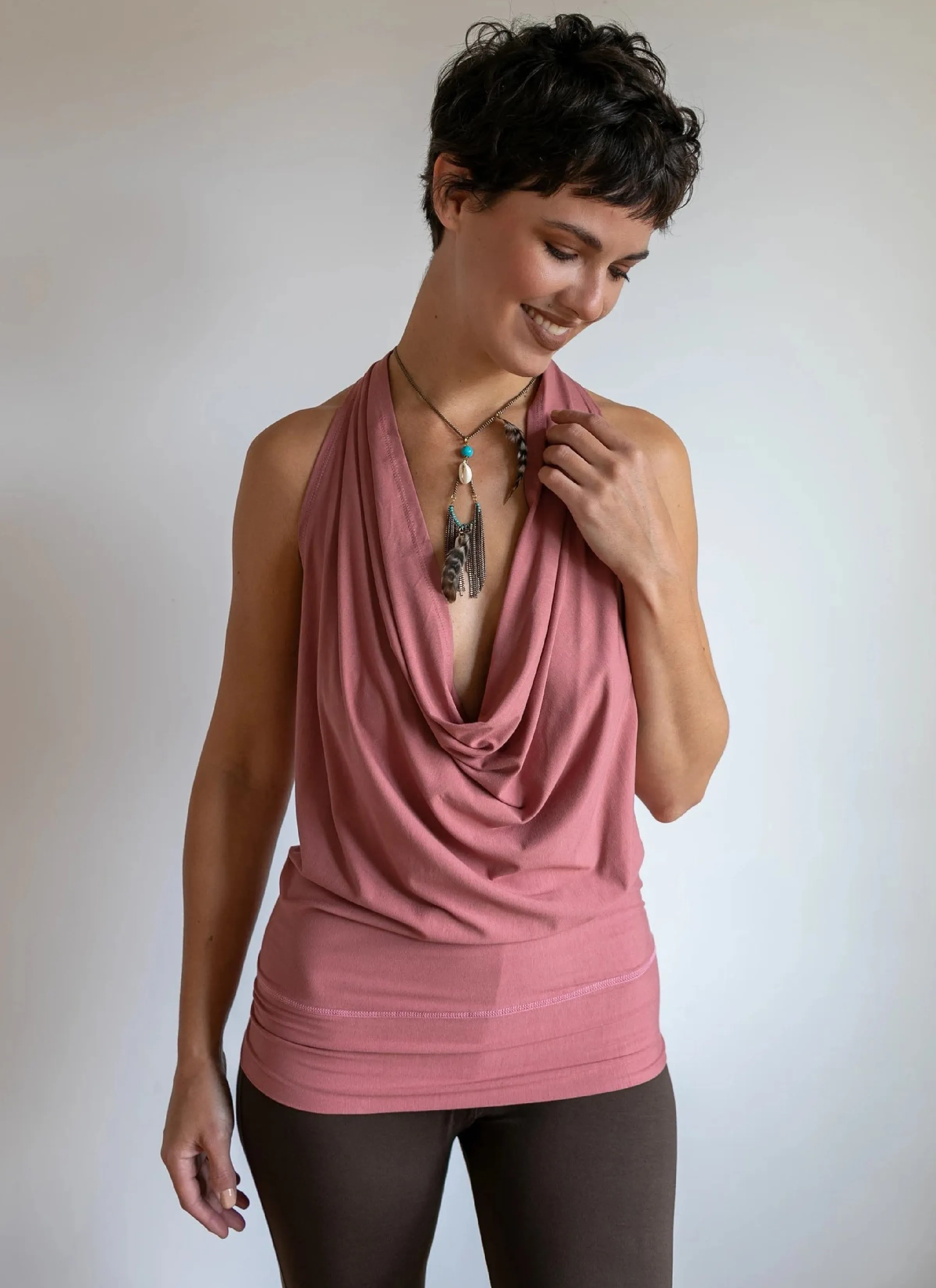 Cowl Neck Backless Halter Top in Canyon Rose