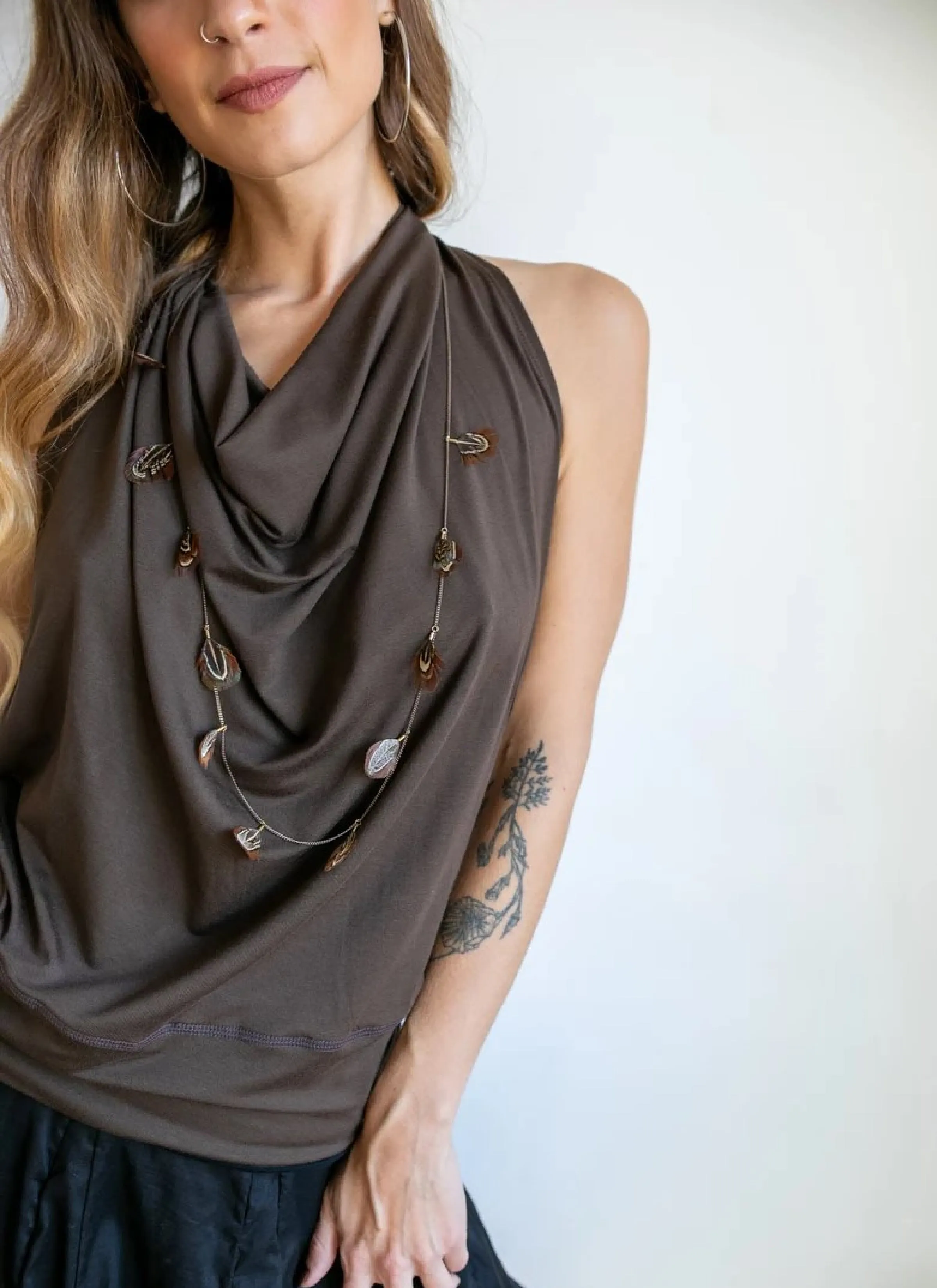 Cowl Neck Backless Halter Top in Mocha Brown