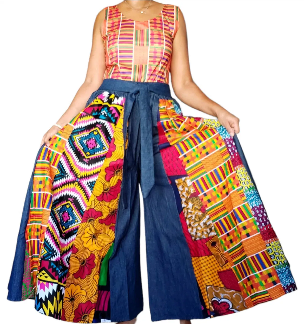 Denim and Print Pleated Wide Leg Pants