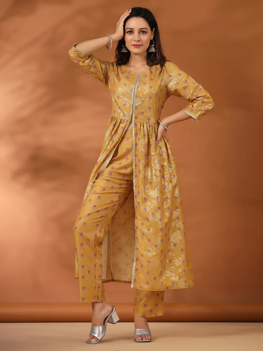 Floral Printed Mustard Gathered Kurta With Pants