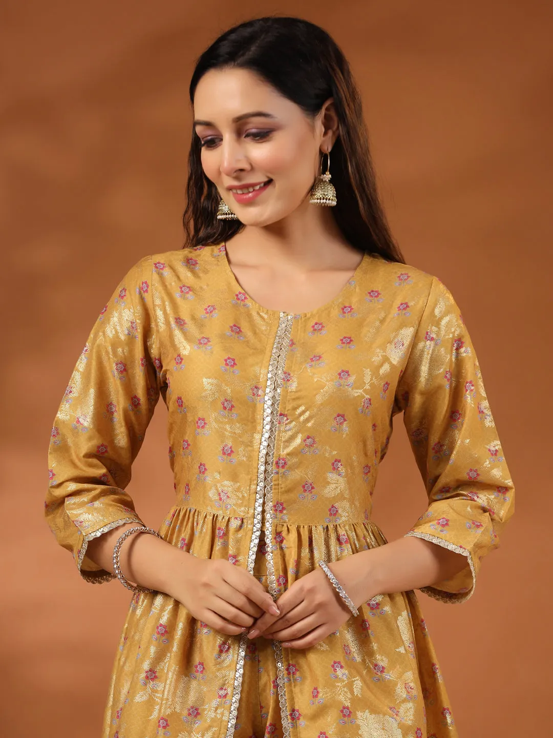 Floral Printed Mustard Gathered Kurta With Pants