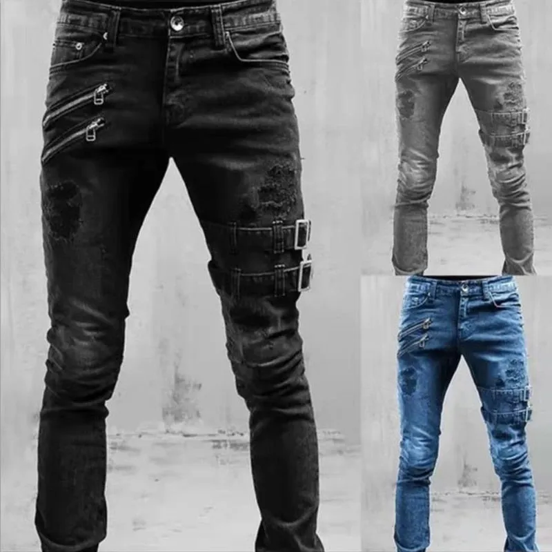 Funki Buys | Pants | Men's Skinny Buckle Strap Zipper Jeans