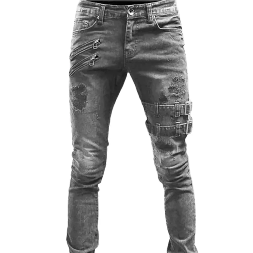 Funki Buys | Pants | Men's Skinny Buckle Strap Zipper Jeans