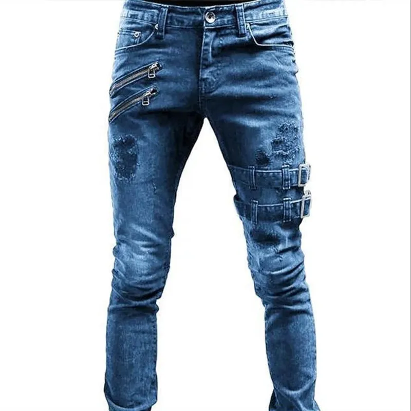 Funki Buys | Pants | Men's Skinny Buckle Strap Zipper Jeans