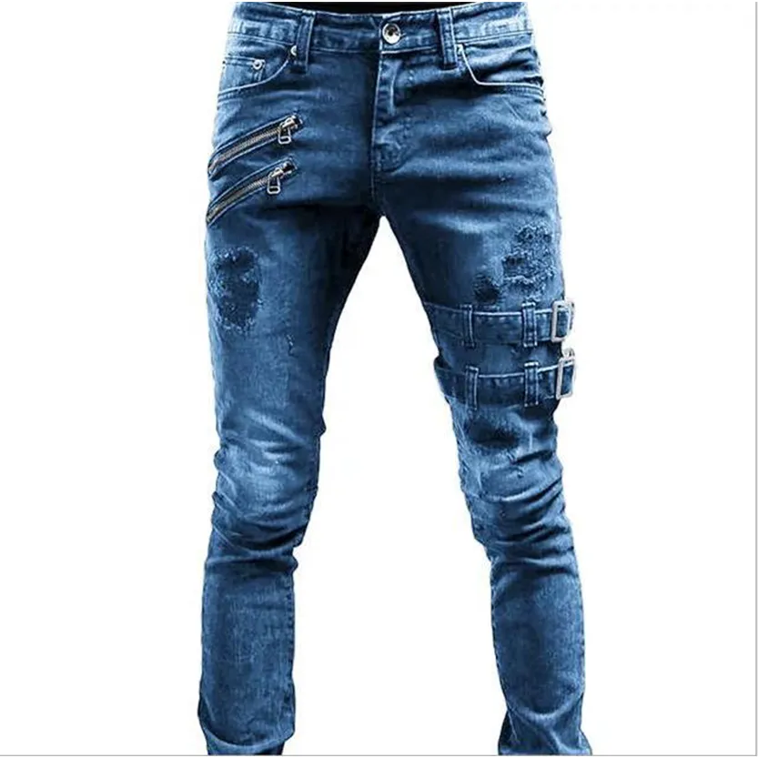 Funki Buys | Pants | Men's Skinny Buckle Strap Zipper Jeans