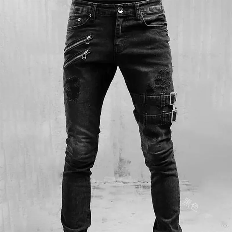 Funki Buys | Pants | Men's Skinny Buckle Strap Zipper Jeans