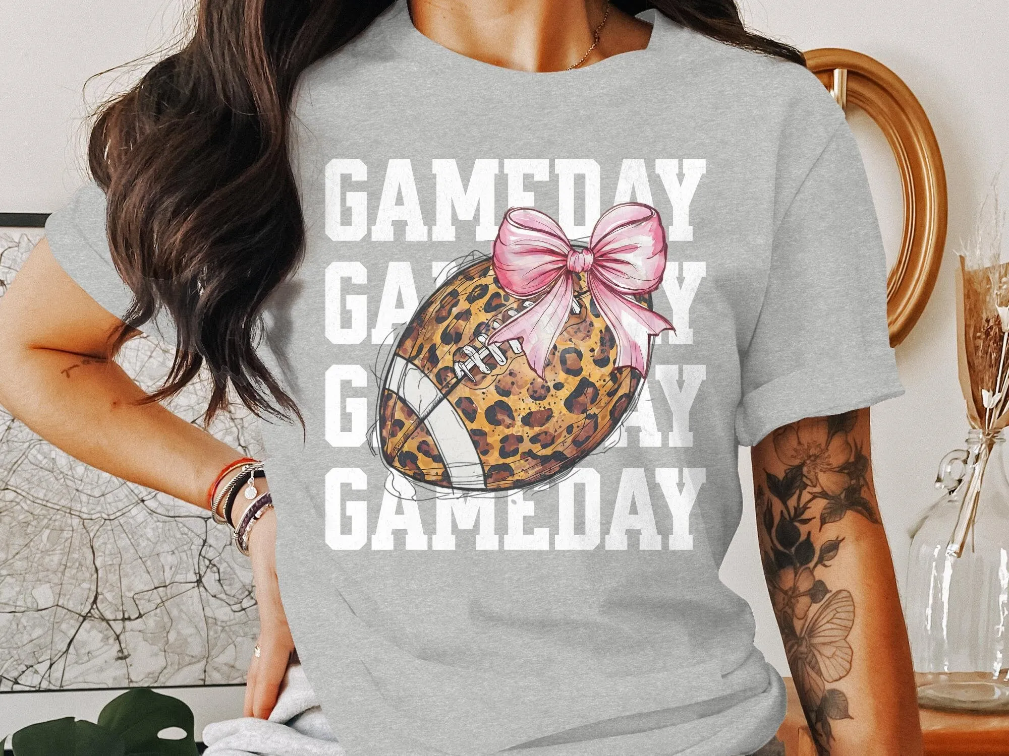 Gameday Football T-Shirt for Moms, Cute Leopard Print with Bow, Perfect for Game Day Fun