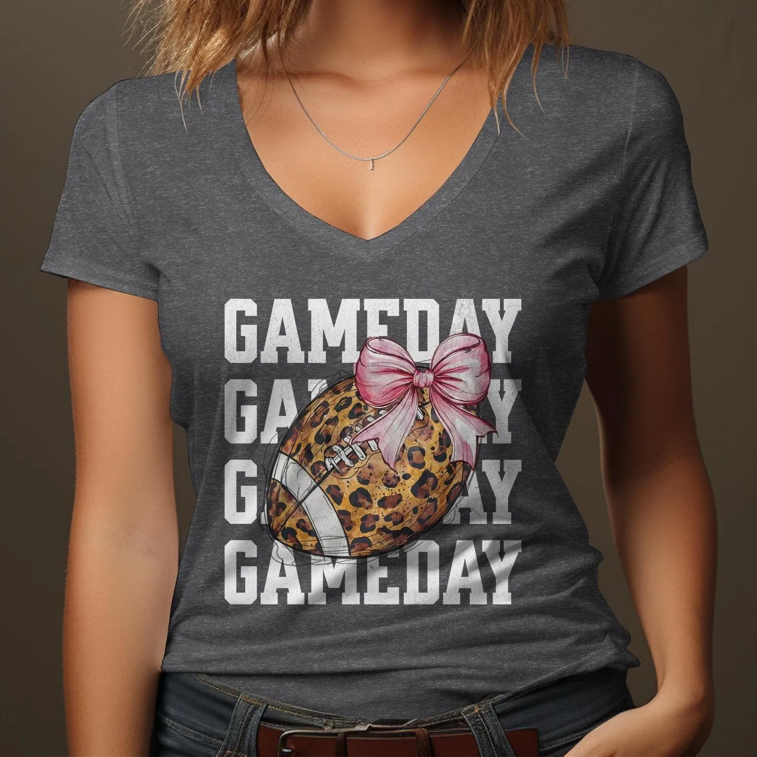 Gameday Football T-Shirt for Moms, Cute Leopard Print with Bow, Perfect for Game Day Fun