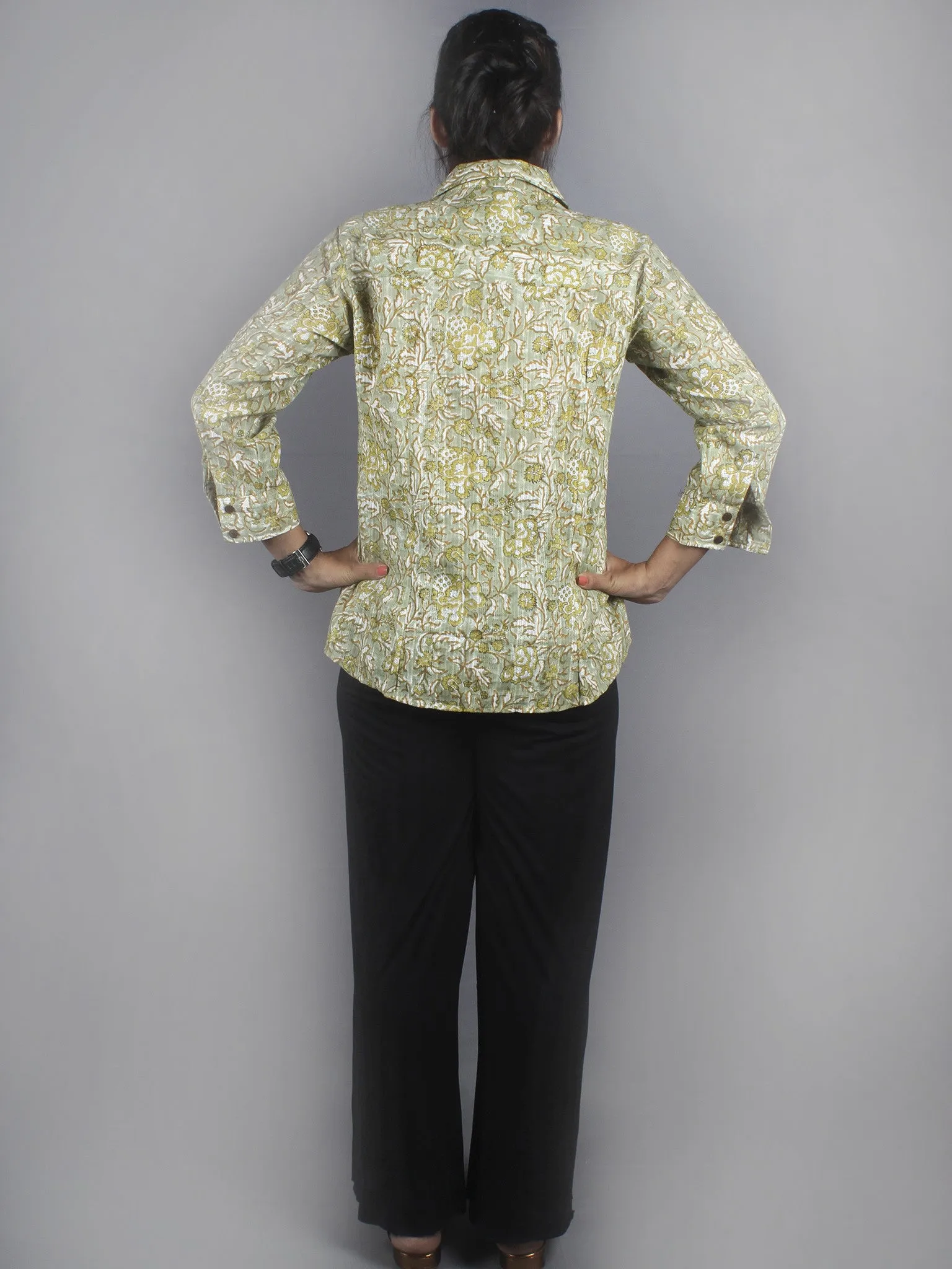 Green Hand Block Printed Shirt- S3517015