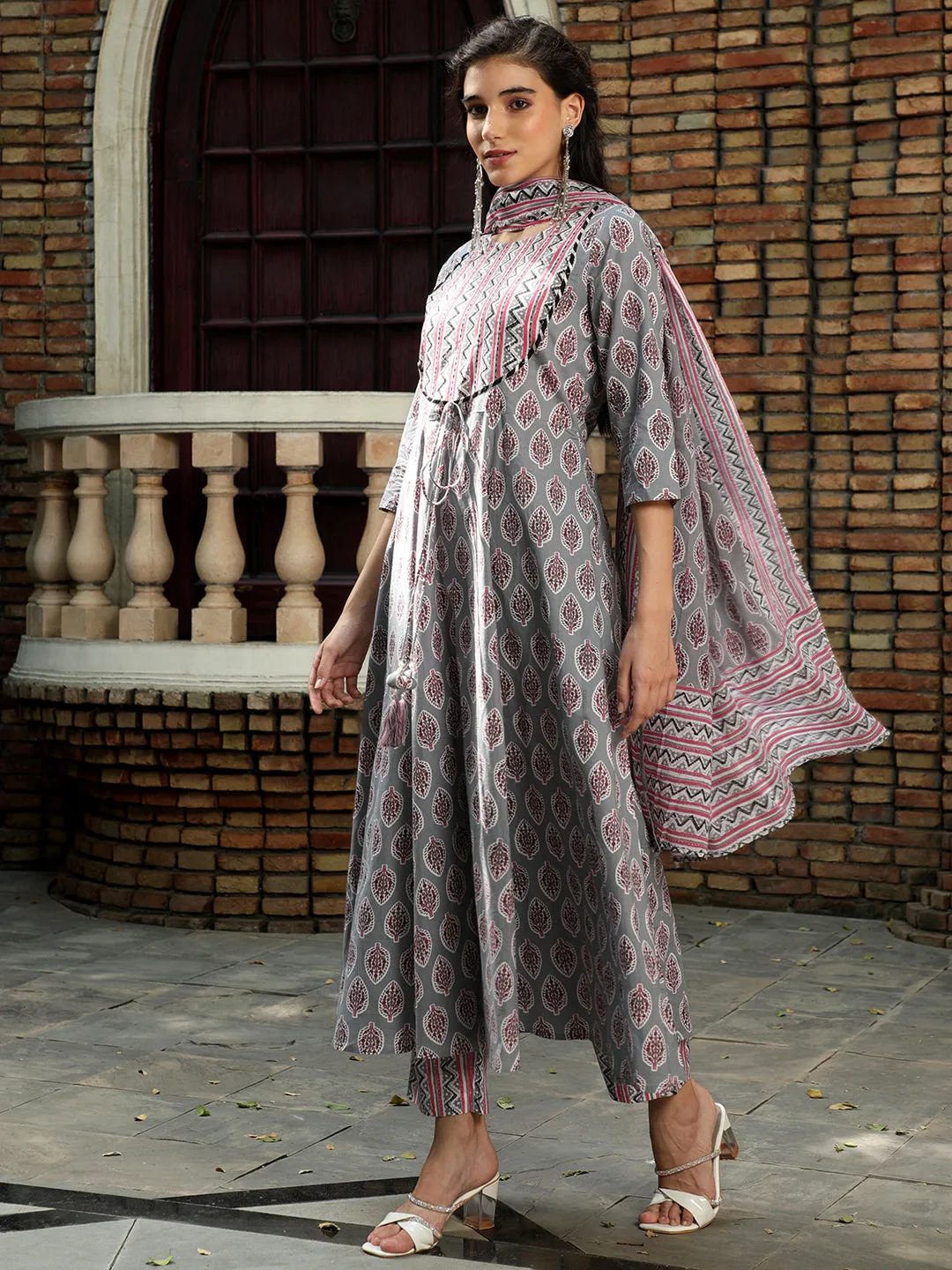 Grey Ethnic Printed Flared Kurta With Zig-Zag Printed Pants And Dupatta