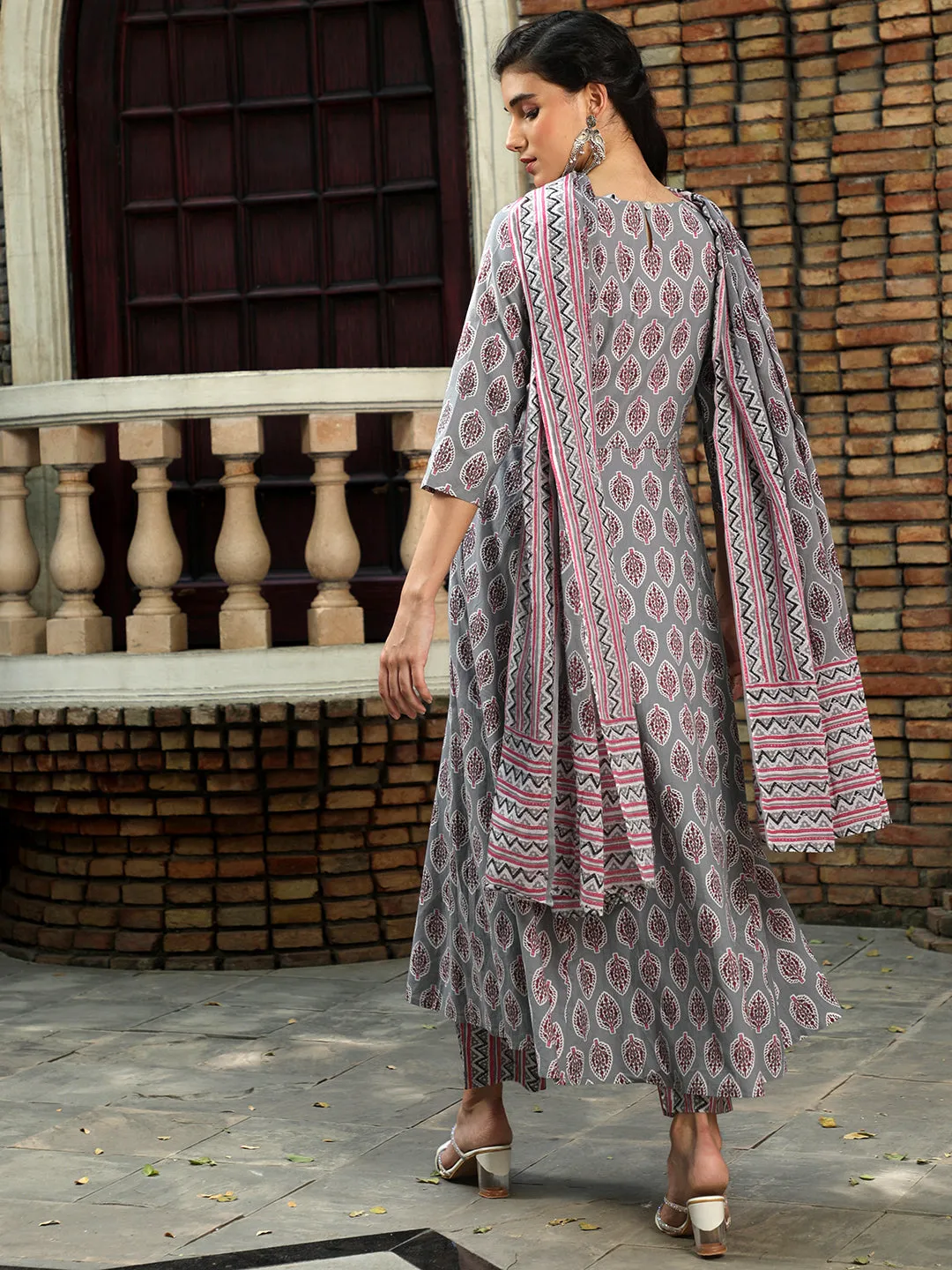 Grey Ethnic Printed Flared Kurta With Zig-Zag Printed Pants And Dupatta