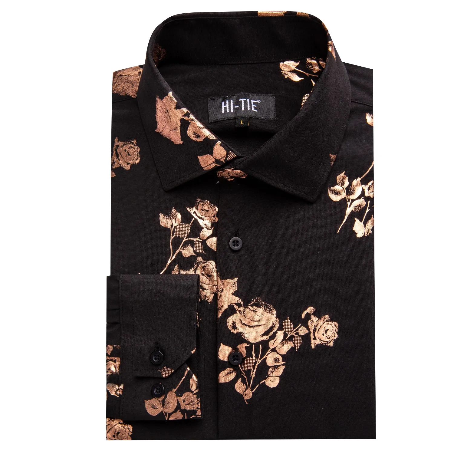 Hi-Tie Black Floral Top Rose Gold Floral Silk Men's Long Sleeve Shirt