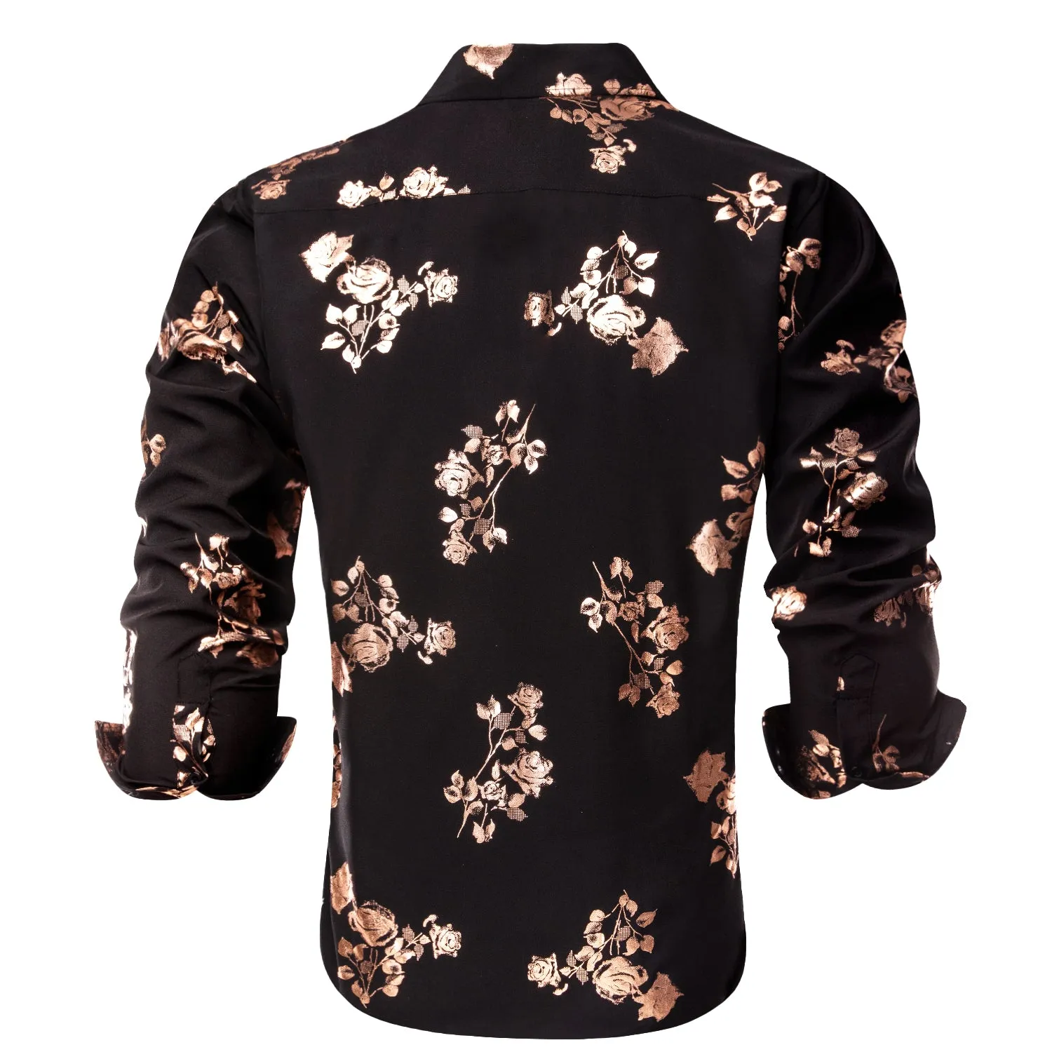 Hi-Tie Black Floral Top Rose Gold Floral Silk Men's Long Sleeve Shirt