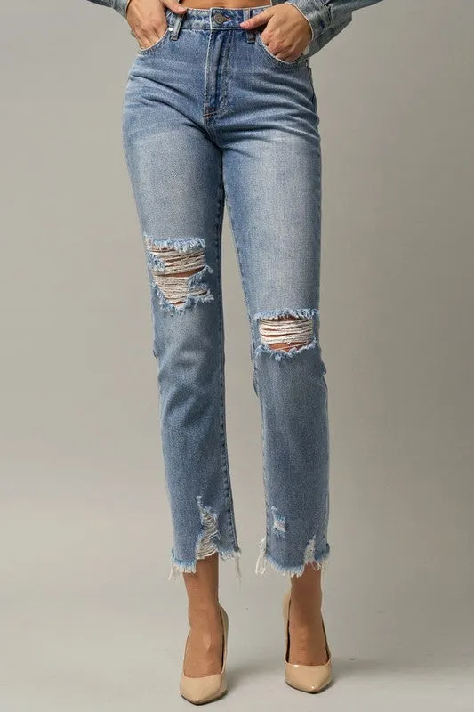 High Waist Distressed Fray Straight Jeans - Online Exclusive