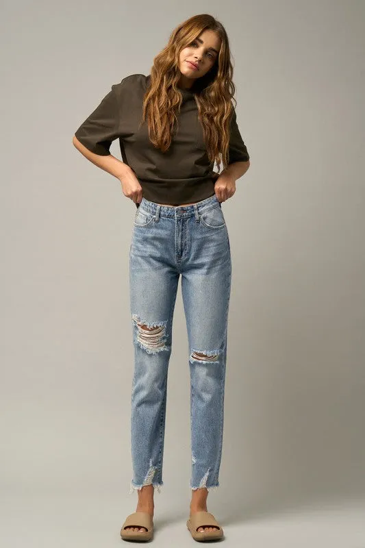 High Waist Distressed Fray Straight Jeans - Online Exclusive