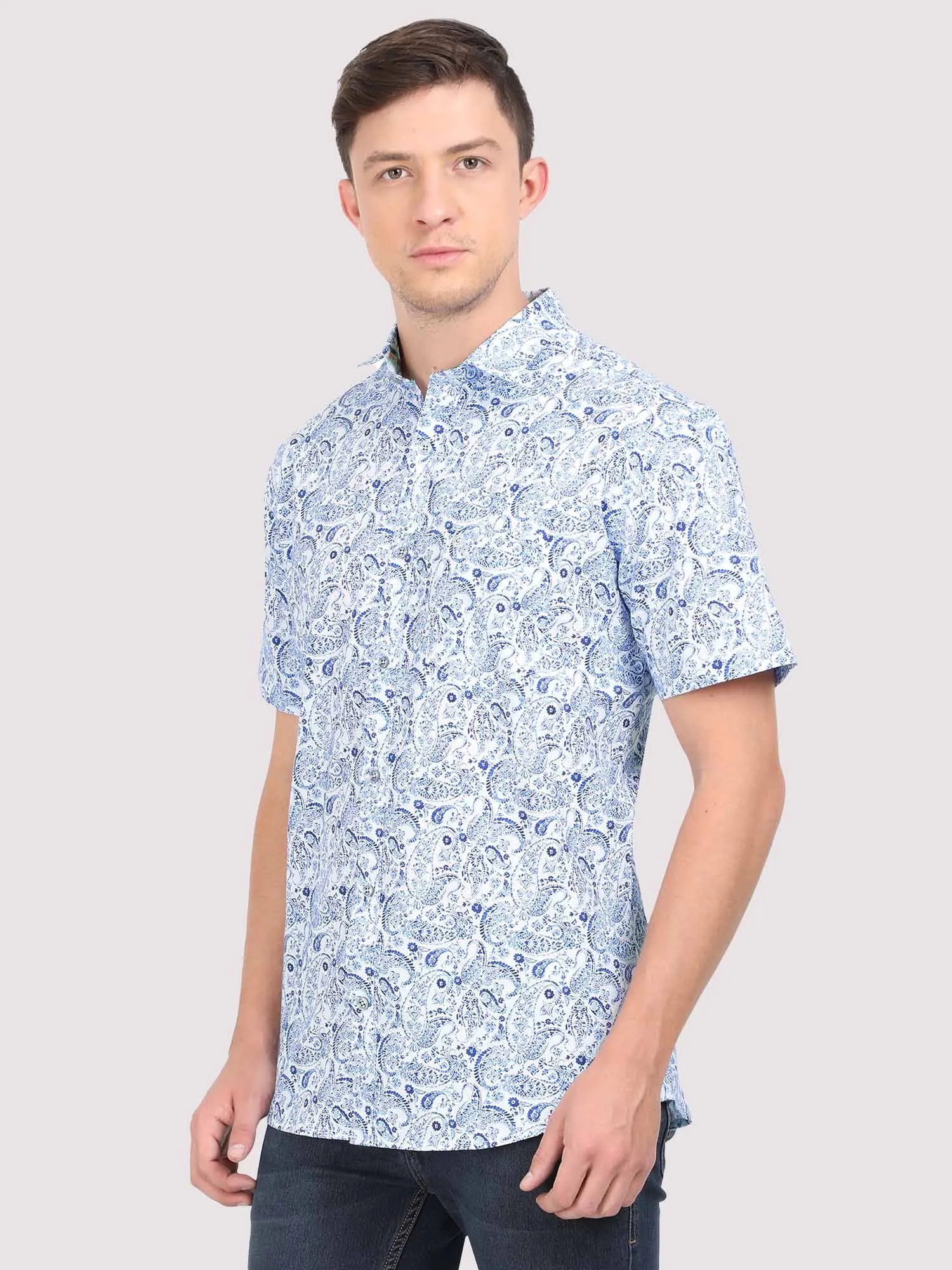 Indigo Paisley Digital Printed Half Shirt